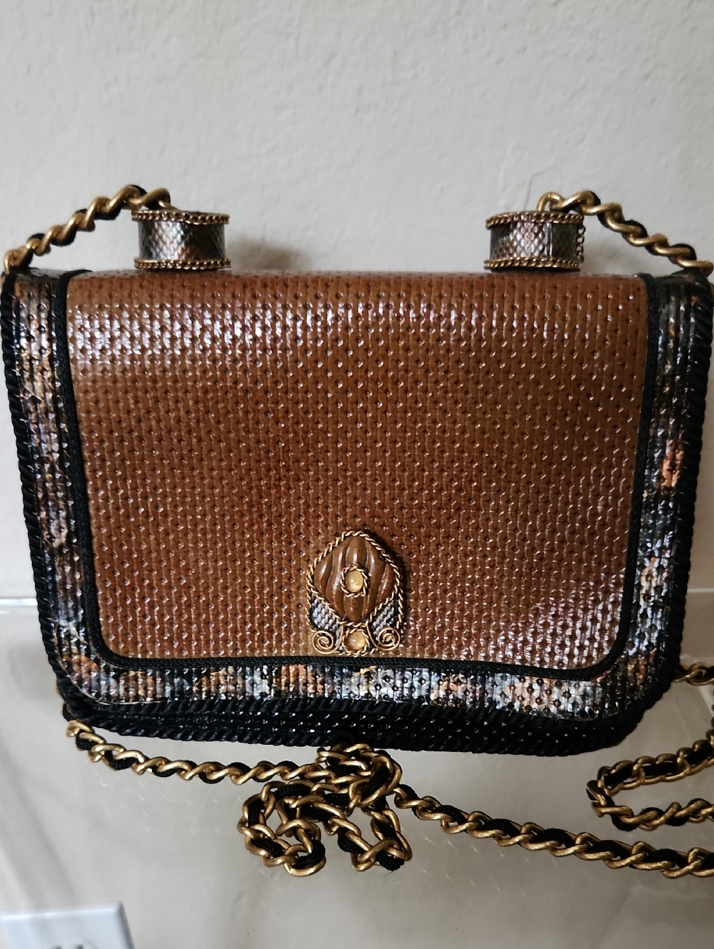 Mary Frances Brown Textured Crossbody Bag with Gold Chain